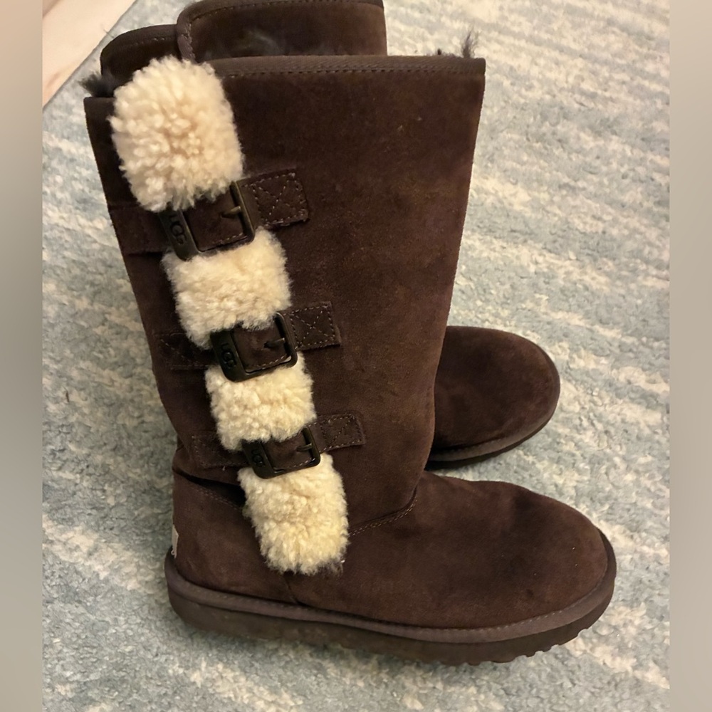 UGG Chocolate Suede Boots with Fur Trim